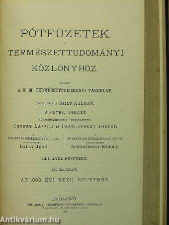 Természettudományi Közlöny 1900. január-december/Pótfüzetek a Természettudományi Közlönyhöz 1900. január-december