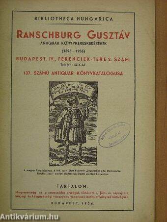 Ranschburg Gusztáv antiquar könyvkereskedésének 137. számú antiquar könyvkatalógusa