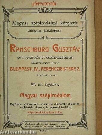 Ranschburg Gusztáv antiquar könyvkereskedésének 97. számú katalógusa