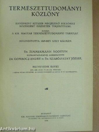 Természettudományi Közlöny 1938. január-december