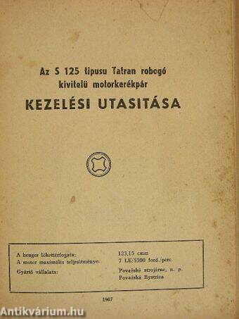 Az S 125 típusú Tatran robogó kivitelű motorkerékpár kezelési utasítása