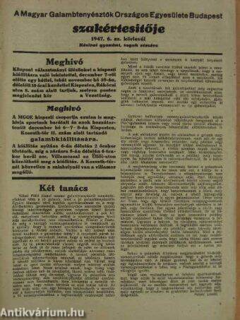A Magyar Galambtenyésztők Országos Egyesülete Budapest Szakértesítője 1947. 6. sz. körlevél