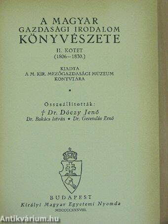 A magyar gazdasági irodalom könyvészete II. 1806-1830.