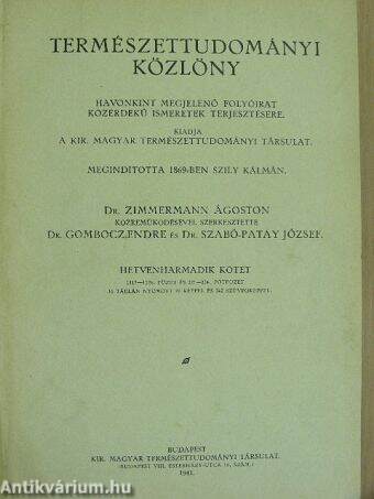 Természettudományi Közlöny 1941. január-december/Pótfüzetek a Természettudományi Közlönyhöz 1941. január-december