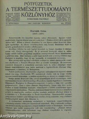 Természettudományi Közlöny 1941. január-december/Pótfüzetek a Természettudományi Közlönyhöz 1941. január-december