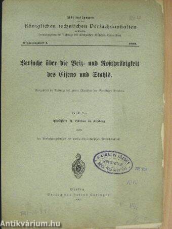 Mittheilungen aus den Königlichen technischen Versuchsanstalten zu Berlin 1890. Ergänzungsheft I. (gótbetűs)