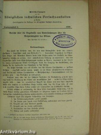Mittheilungen aus den Königlichen technischen Versuchsanstalten zu Berlin 1890. Ergänzungsheft I. (gótbetűs)