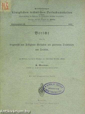 Mittheilungen aus den Königlichen technischen Versuchsanstalten zu Berlin 1888. Ergänzungsheft II. (gótbetűs)