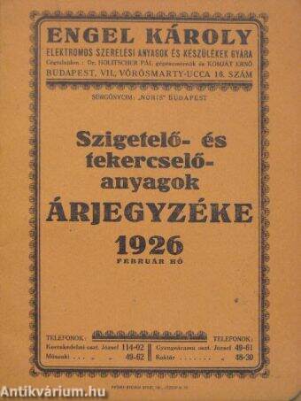 Szigetelő- és tekercselő anyagok árjegyzéke 1926. február hó