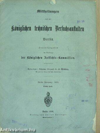 Mittheilungen aus den Königlichen technischen Versuchsanstalten zu Berlin 1886/1. (gótbetűs)