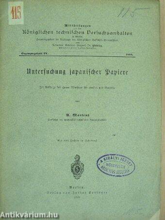 Mittheilungen aus den Königlichen technischen Versuchsanstalten zu Berlin 1888. Ergänzungsheft IV. (gótbetűs)