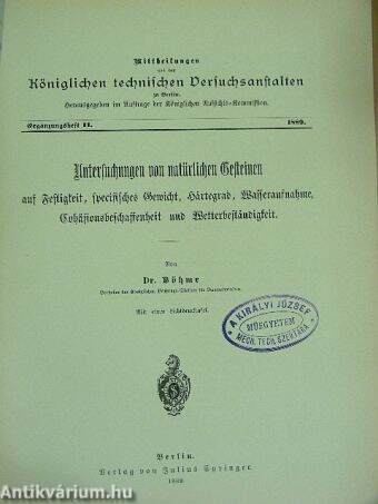 Mittheilungen aus den Königlichen technischen Versuchsanstalten zu Berlin 1889. Ergänzungsheft II. (gótbetűs)