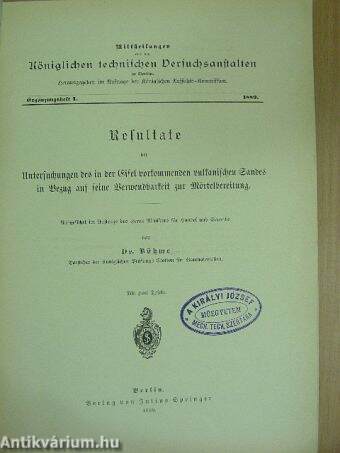 Mittheilungen aus den Königlichen technischen Versuchsanstalten zu Berlin 1889. Ergänzungsheft I. (gótbetűs)