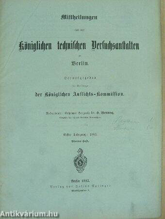 Mittheilungen aus den Königlichen technischen Versuchsanstalten zu Berlin 1883/4. (gótbetűs)