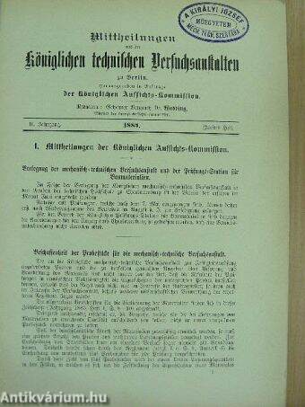 Mittheilungen aus den Königlichen technischen Versuchsanstalten zu Berlin 1884/2. (gótbetűs)