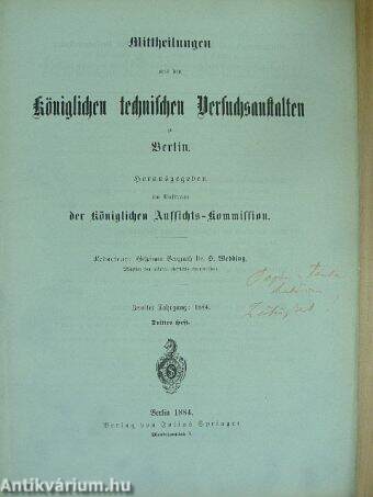 Mittheilungen aus den Königlichen technischen Versuchsanstalten zu Berlin 1884/3. (gótbetűs)