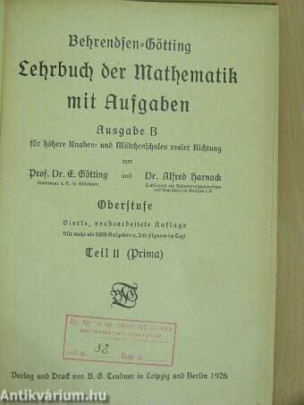 Lehrbuch der Mathematik mit Aufgaben für höhere Knaben- und Mädchernschulen realer Richtung II. (gótbetűs) (töredék)