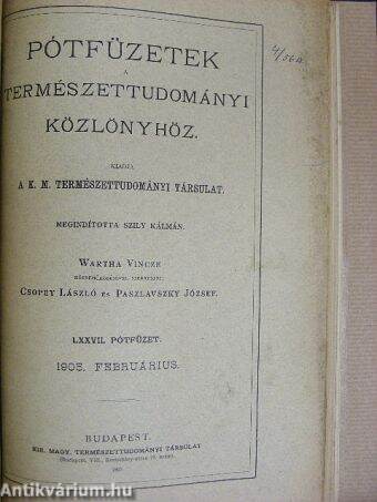 Természettudományi Közlöny 1905. január-december/Pótfüzetek a Természettudományi Közlönyhöz 1905. január-december