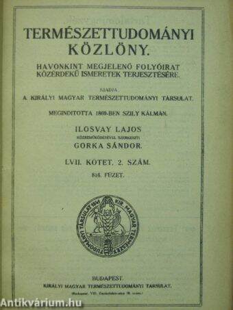 Természettudományi Közlöny 1925. január-december/Pótfüzetek a Természettudományi Közlönyhöz 1925. január-december