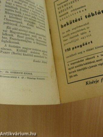 Természettudományi Közlöny 1940. (nem teljes évfolyam)/Pótfüzet a Természettudományi Közlönyhöz 1940. (nem teljes évfolyam)