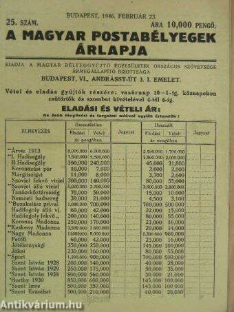 A magyar postabélyegek árlapja 1946. február 23.