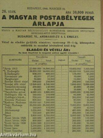 A magyar postabélyegek árlapja 1946. március 16.
