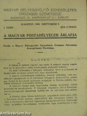 A magyar postabélyegek árlapja 1945. szeptember 9.