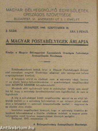 A magyar postabélyegek árlapja 1945. szeptember 16.