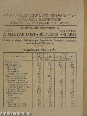A magyar postabélyegek árlapja 1945. szeptember 23.