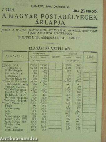 A magyar postabélyegek árlapja 1945. október 21.