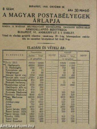 A magyar postabélyegek árlapja 1945. október 28.