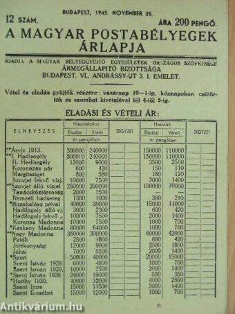 A magyar postabélyegek árlapja 1945. november 25.