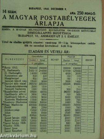 A magyar postabélyegek árlapja 1945. december 9.
