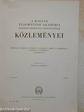 A Magyar Tudományos Akadémia Agrártudományi Osztályának Közleményei I. kötet 3. szám