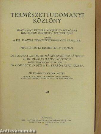 Természettudományi Közlöny 1936. január-december/Pótfüzetek a Természettudományi Közlönyhöz 1936. január-december