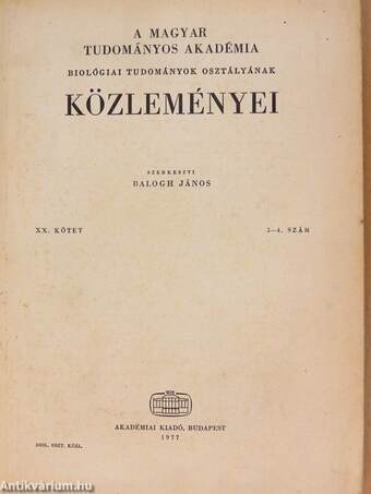 A Magyar Tudományos Akadémia Biológiai Tudományok Osztályának Közleményei XX. kötet 3-4. szám