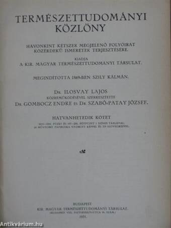 Természettudományi Közlöny 1935. január-december/Pótfüzetek a Természettudományi Közlönyhöz 1935. január-december