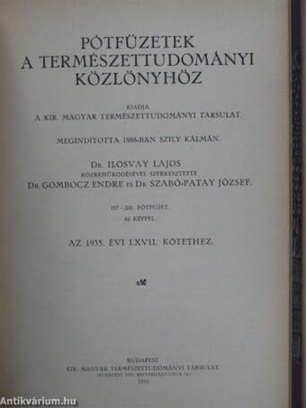 Természettudományi Közlöny 1935. január-december/Pótfüzetek a Természettudományi Közlönyhöz 1935. január-december