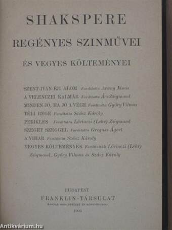 Shakspere regényes szinművei és vegyes költeményei