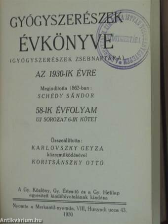 Gyógyszerészek Évkönyve az 1930-ik évre