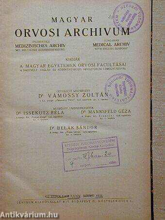 Magyar Orvosi Archivum 1933. XXXIV. kötet