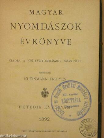 Magyar Nyomdászok Évkönyve 1892.