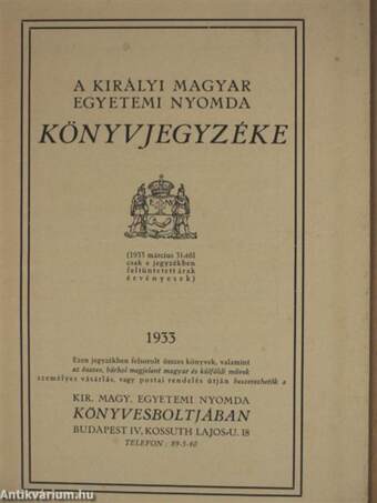 A Királyi Magyar Egyetemi Nyomda könyvjegyzéke 1933.