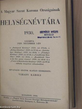 A Magyar Szent Korona Országainak Helységnévtára 1930.