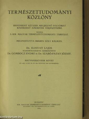 Természettudományi Közlöny 1934. január-december/Pótfüzetek a Természettudományi Közlönyhöz 1934. január-december