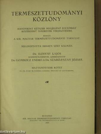 Természettudományi Közlöny 1933. január-december/Pótfüzetek a Természettudományi Közlönyhöz 1933. (nem teljes évfolyam)