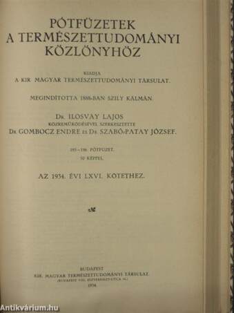 Természettudományi Közlöny 1934. január-december/Pótfüzetek a Természettudományi Közlönyhöz 1934. január-december