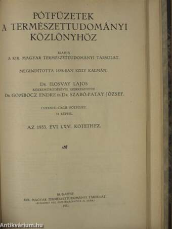 Természettudományi Közlöny 1933. január-december/Pótfüzetek a Természettudományi Közlönyhöz 1933. (nem teljes évfolyam)