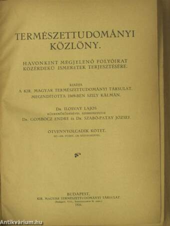 Természettudományi Közlöny 1926. január-december