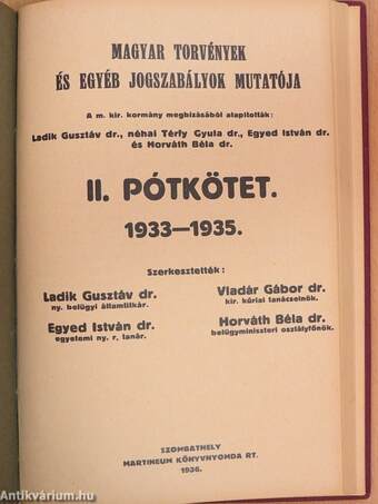 Magyar törvények és egyéb jogszabályok mutatója/I. Pótkötet 1928-1932/II. Pótkötet 1933-1935